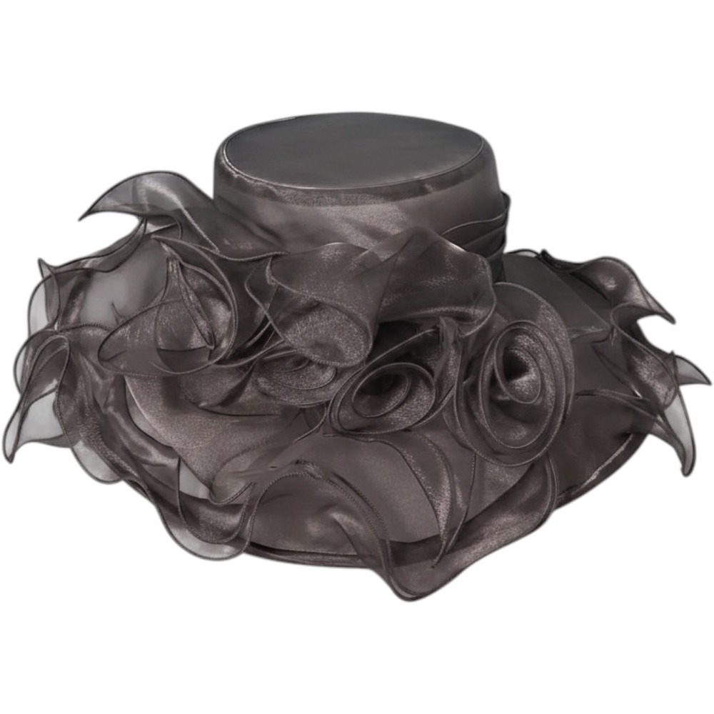 Silver Organza Wide Brim Dress Hat Church Wedding Derby Rosette Ruffle Floral